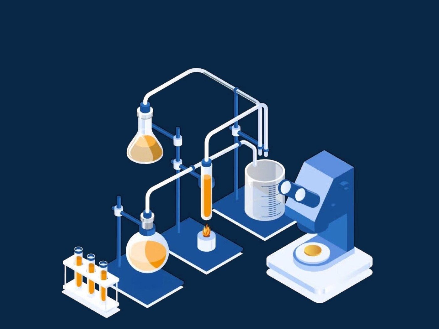 Diagram: laboratory glassware and a microscope set up for assay