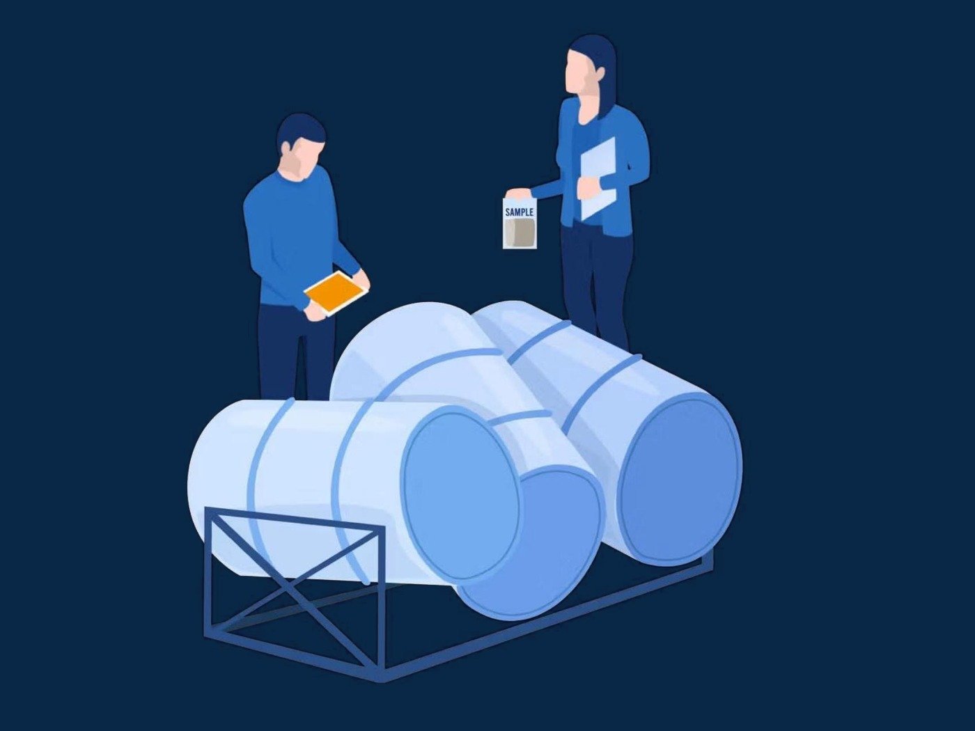 Diagram: two people drawing a labelled sample from processing drums